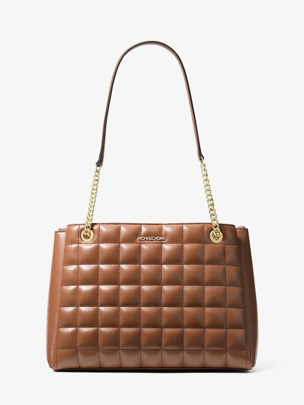 Michael Kors Quilted Tote Bag in Lux Brown with Gold Chain Straps NWT